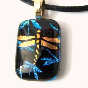 New 22K Gold Dragonfly over Blue Dichroic Glass Dragonflies Pendant Necklace